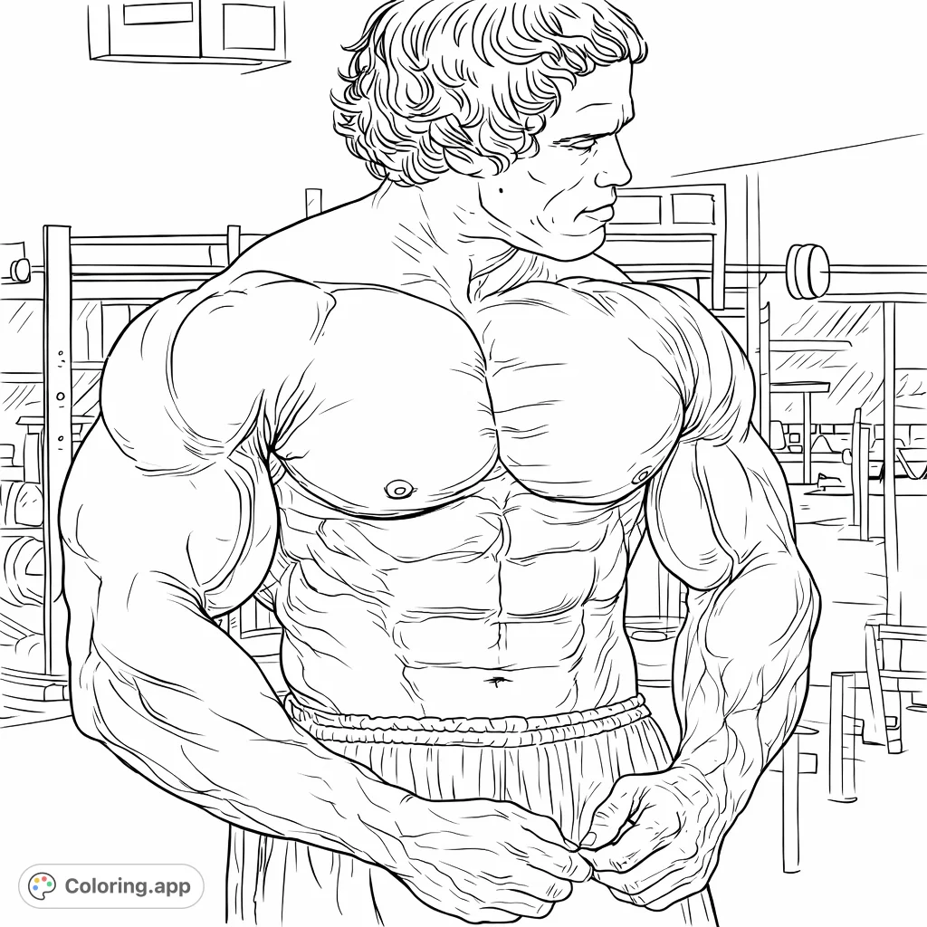 Color a detailed depiction of a legendary bodybuilder in a classic pose, showcasing incredible musculature against a gym backdrop. Perfect for fitness enthusiasts.