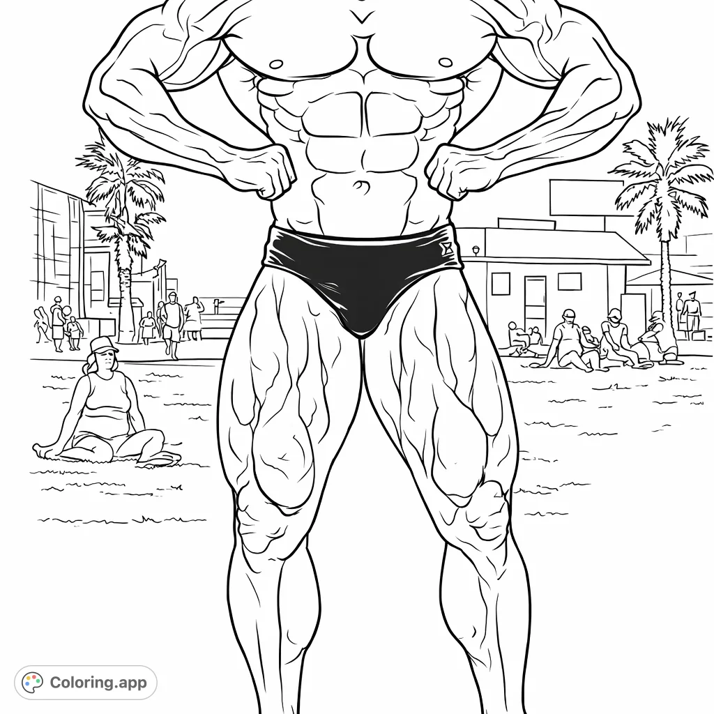 A powerful bodybuilder showcases an impressive physique with detailed muscle definition, striking a classic pose against a relaxed outdoor backdrop with palm trees.