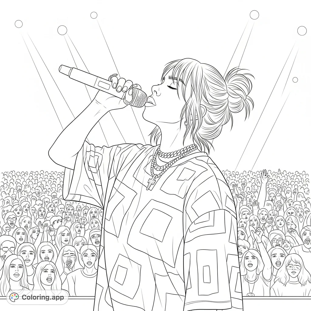 Capture the electrifying energy of a Billie Eilish concert with this detailed coloring page, featuring the artist mid-performance and a dynamic crowd.