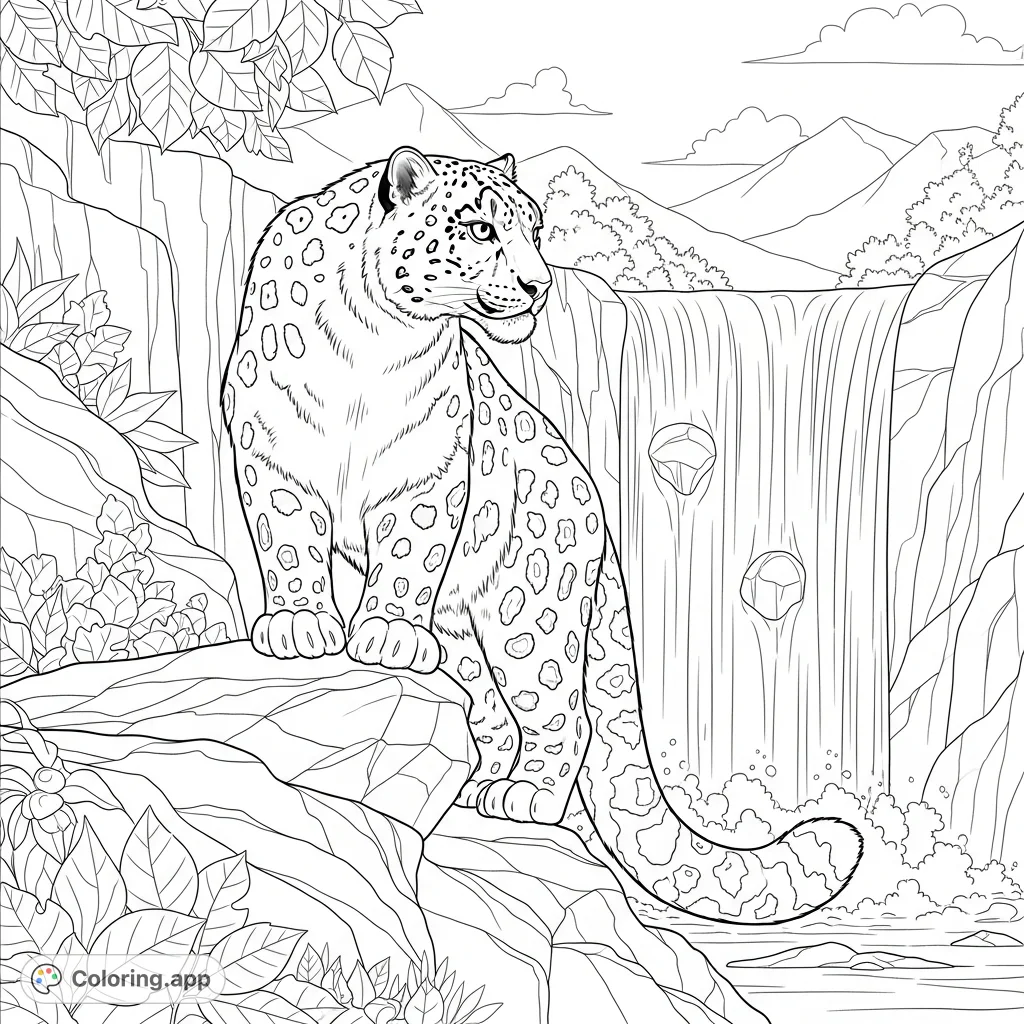 Capture the wild beauty of a snow leopard amidst a striking waterfall scene. This free printable coloring page offers intricate details for a rewarding experience.