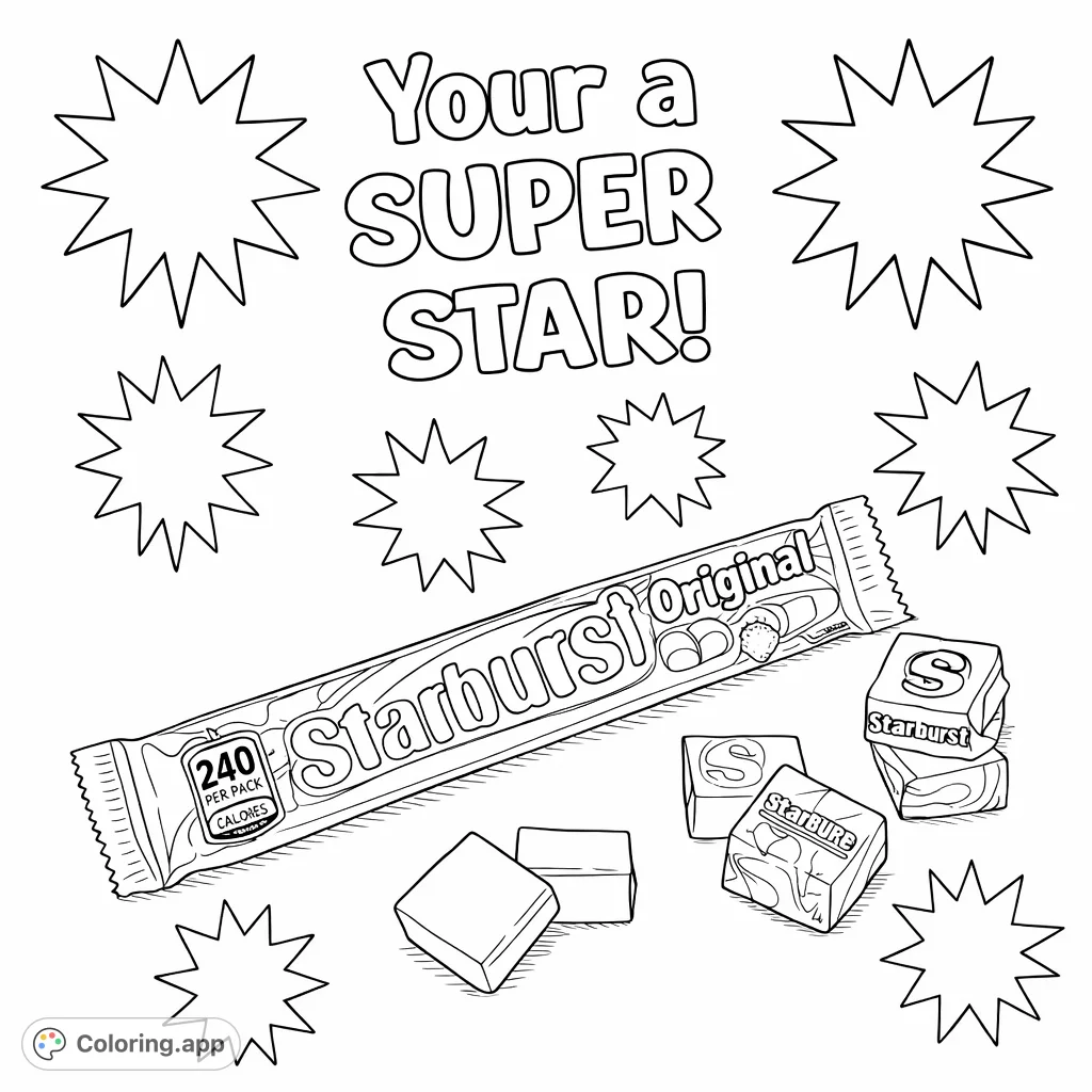 Celebrate with this Super Starburst Treat coloring page, featuring yummy candies and starburst elements. A fun, free printable for kids and adults!
