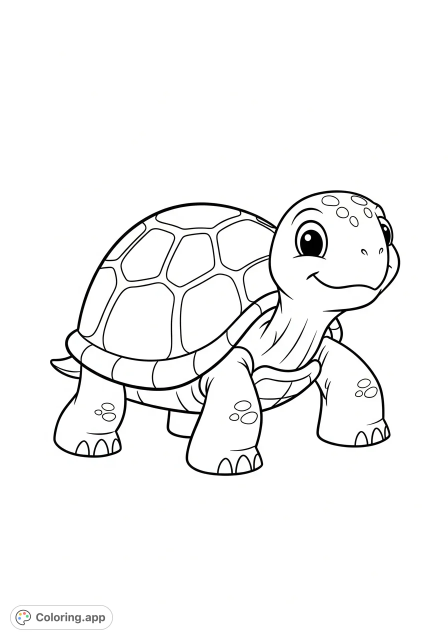 A simple and friendly cartoon turtle, perfect for young artists to color with its clear lines and engaging design. Ideal for easy, fun coloring.