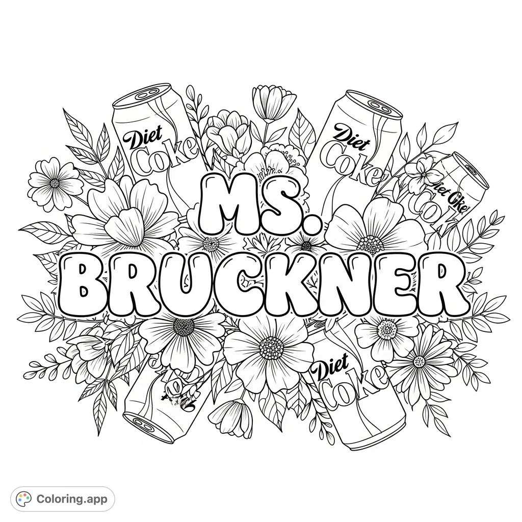 A unique Ms. Bruckner coloring page featuring elegant flowers and Diet Coke cans framing the name in playful bubble letters.