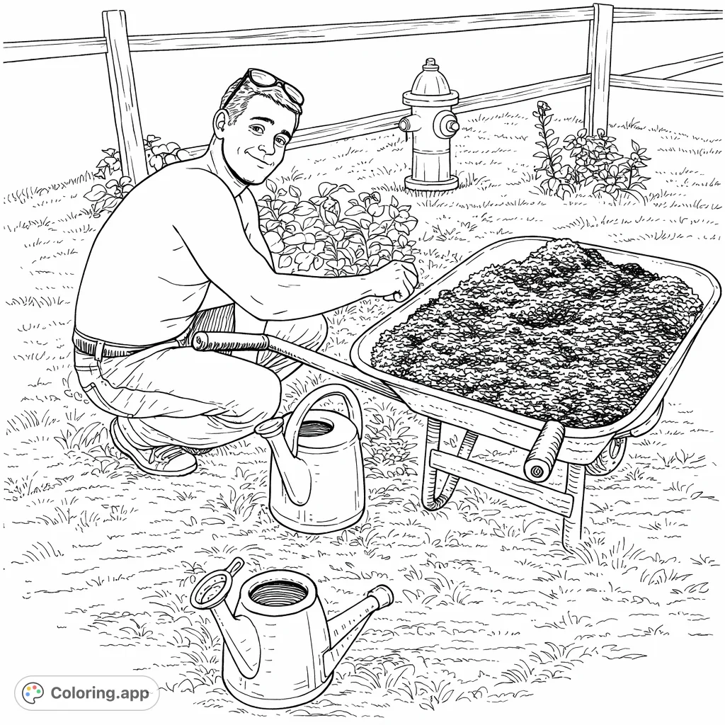 A dedicated gardener tends to plants with a wheelbarrow full of soil and watering cans nearby. A detailed scene for nature lovers.