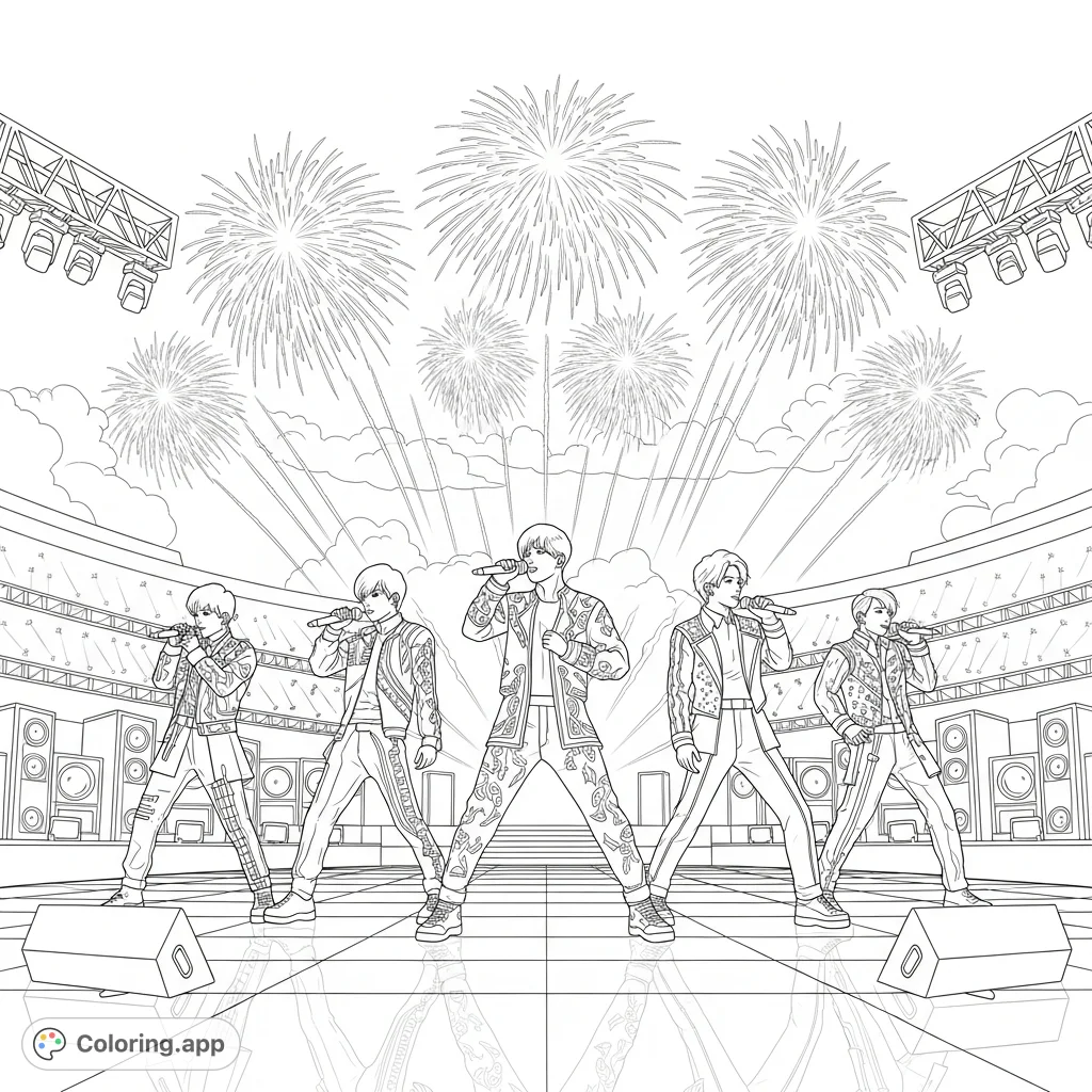 Capture the energy of a K-pop concert! This free printable K-pop band coloring page features dynamic singers, intricate costumes, and dazzling fireworks.