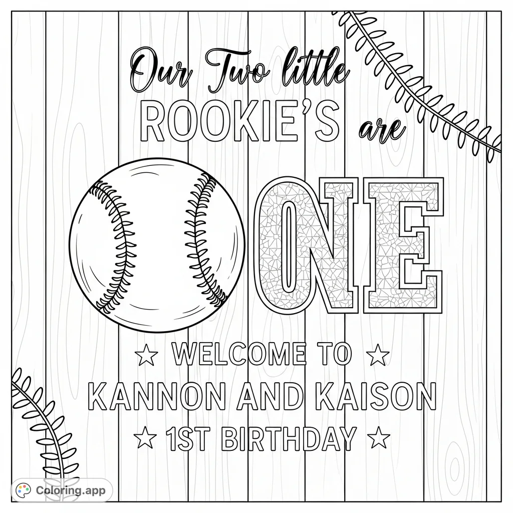 Celebrate a "Rookies" 1st Birthday with a charming baseball-themed coloring page featuring a detailed baseball, stylized text, stars, and a rustic wooden background.