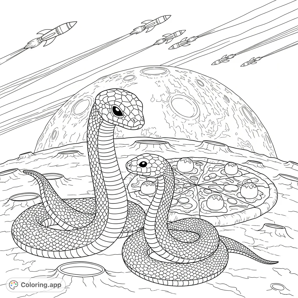 An imaginative alien snake and a regular snake enjoy cosmic pizza and ice cream on Pluto, with rocket ships soaring overhead. A fun, unique space adventure!