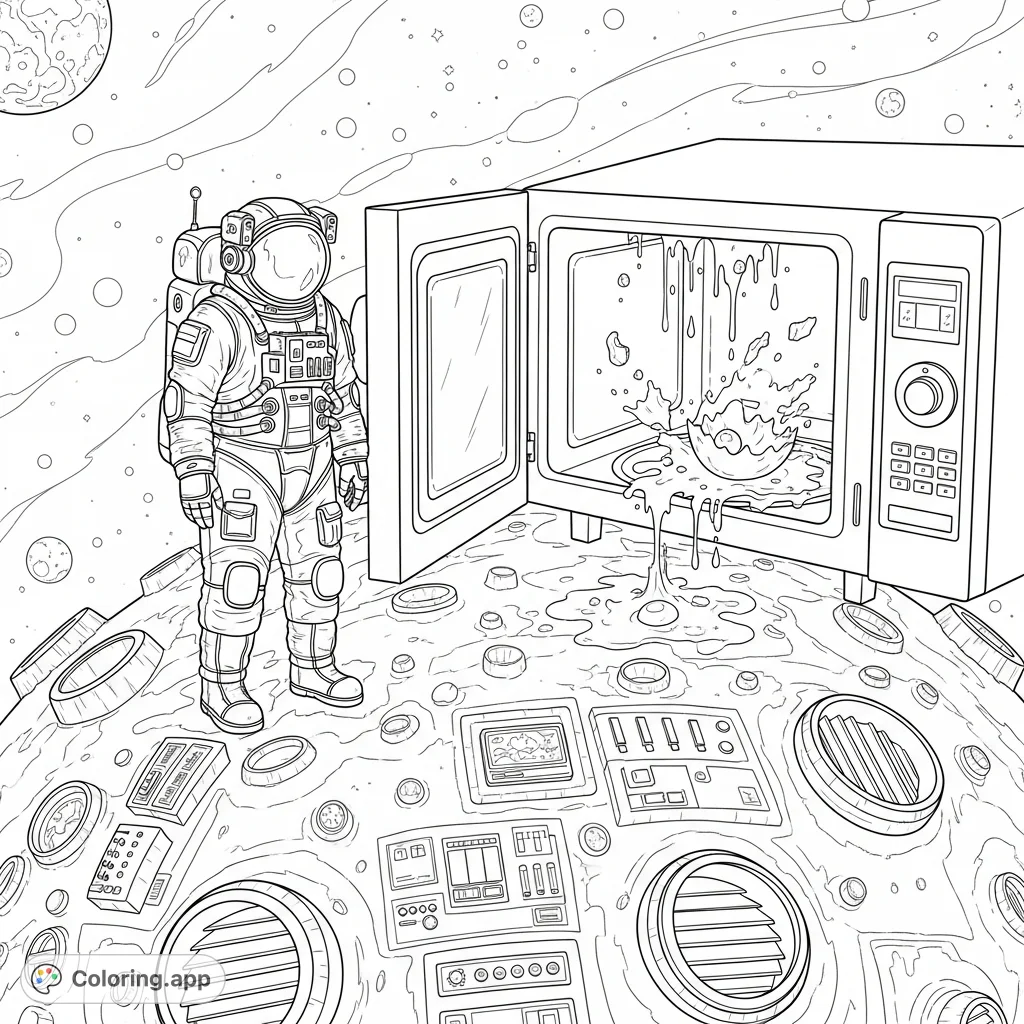 An astronaut explores a surreal microwave planet with an exploded egg inside a giant oven. A unique, free printable sci-fi coloring page.