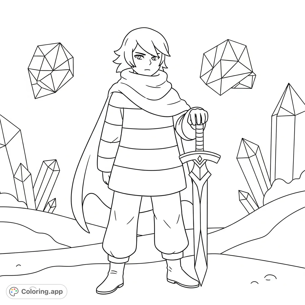 Color Kris from Deltarune in a heroic pose with their sword, set against a backdrop of Dark World crystals. A fun, free printable coloring page!