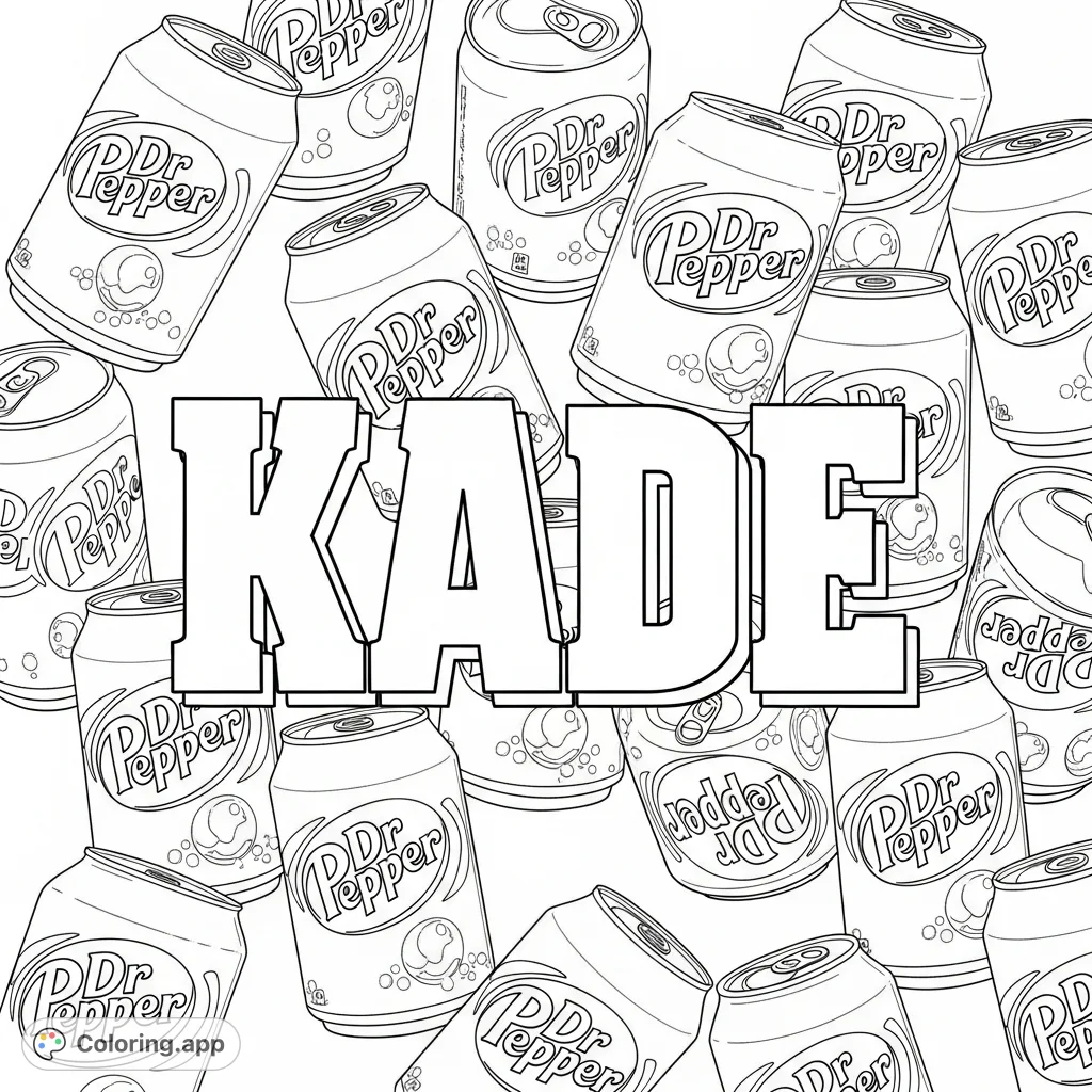 Personalize the name Kade surrounded by iconic Dr Pepper cans in this fun coloring page, perfect for fans of the unique beverage.