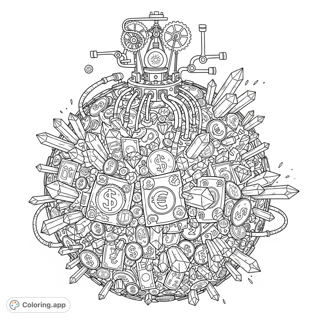 Explore a unique money planet adorned with precious crystals and diamonds, featuring a mysterious device transforming everything into wealth. A rich, imaginative coloring journey awaits!