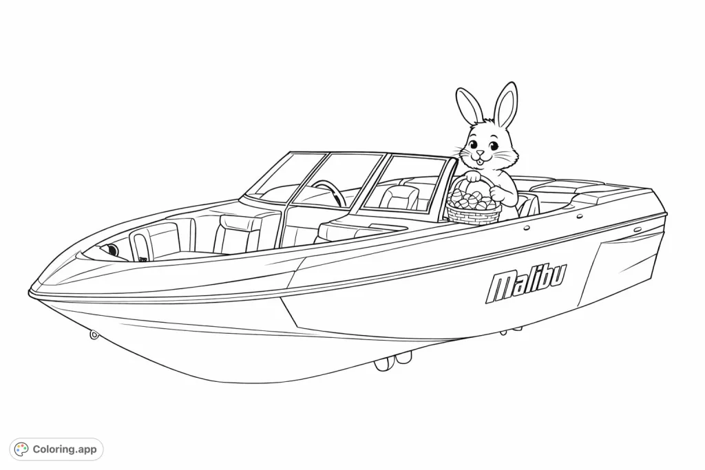 Embark on a joyful journey with this fun boat coloring page, featuring a detailed sports boat with an adorable Easter bunny passenger ready for adventure.