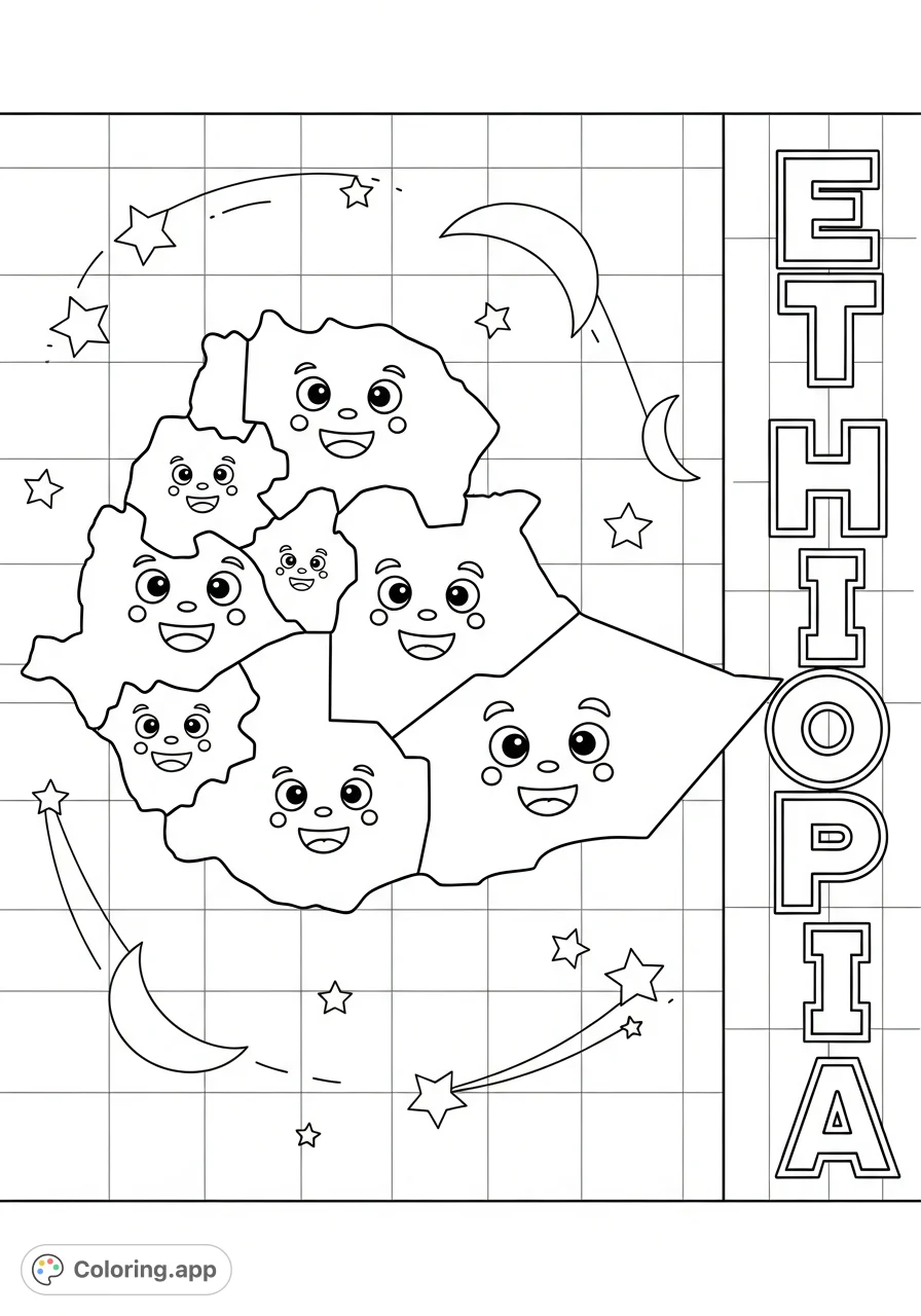 Explore a friendly, cartoon nation map with smiling regions and a bold name. A fun and educational free printable coloring page for kids and adults!