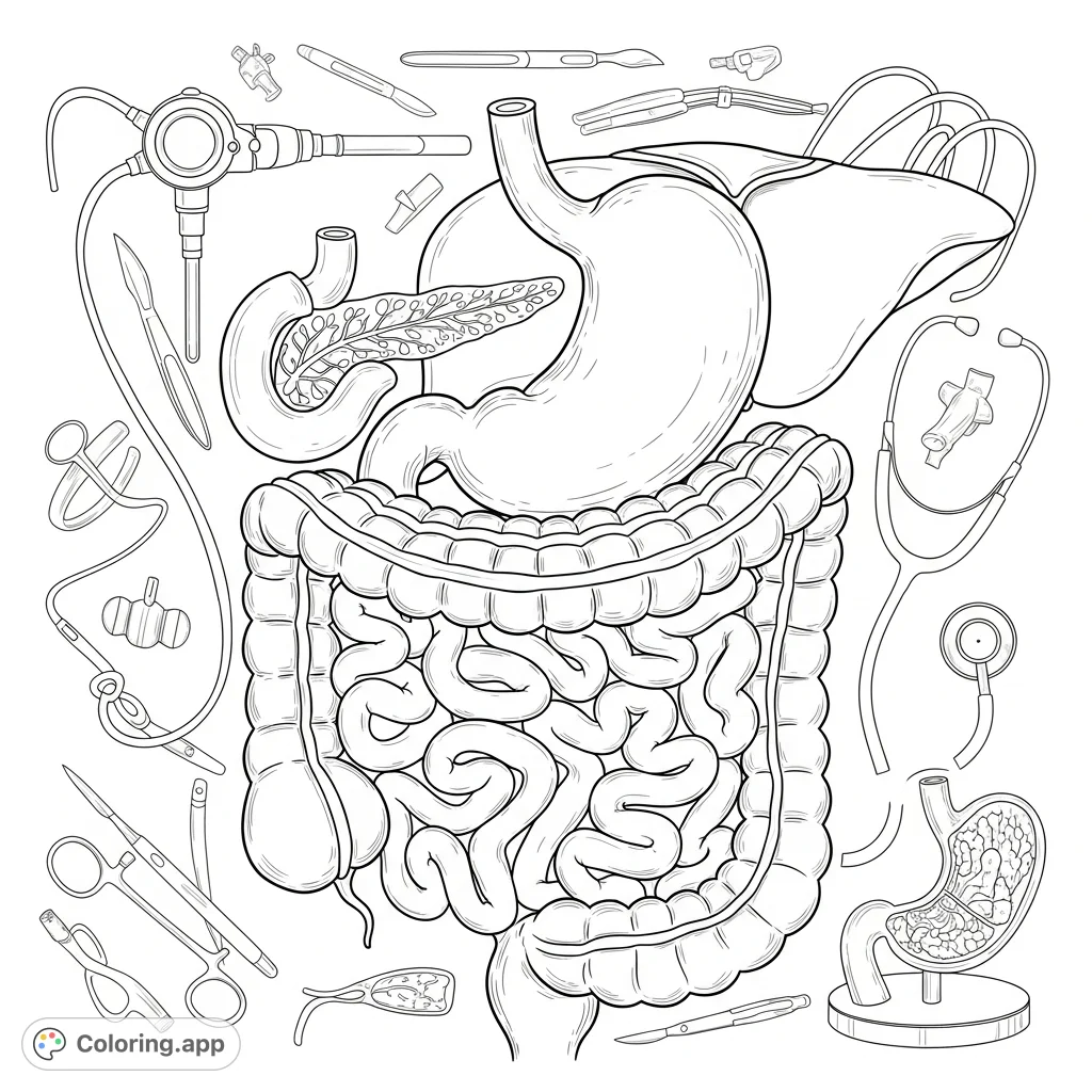 Explore the human digestive tract with this detailed anatomy coloring page. Features stomach, liver, pancreas, small intestine, and large intestine for learning.