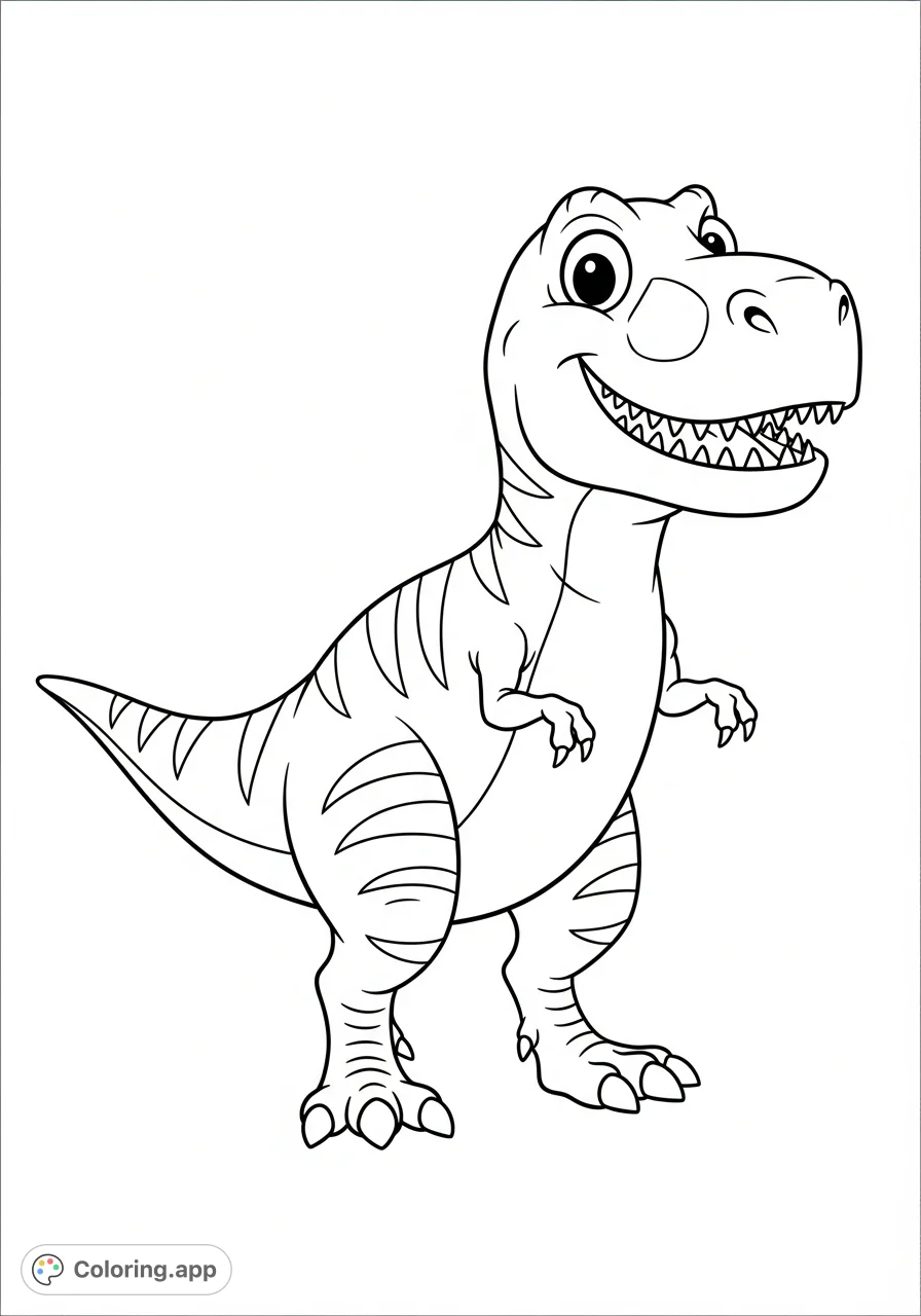Unleash your creativity with this friendly cartoon Tyrannosaurus Rex coloring page, featuring a big smile and striped patterns. Perfect for dinosaur fans!