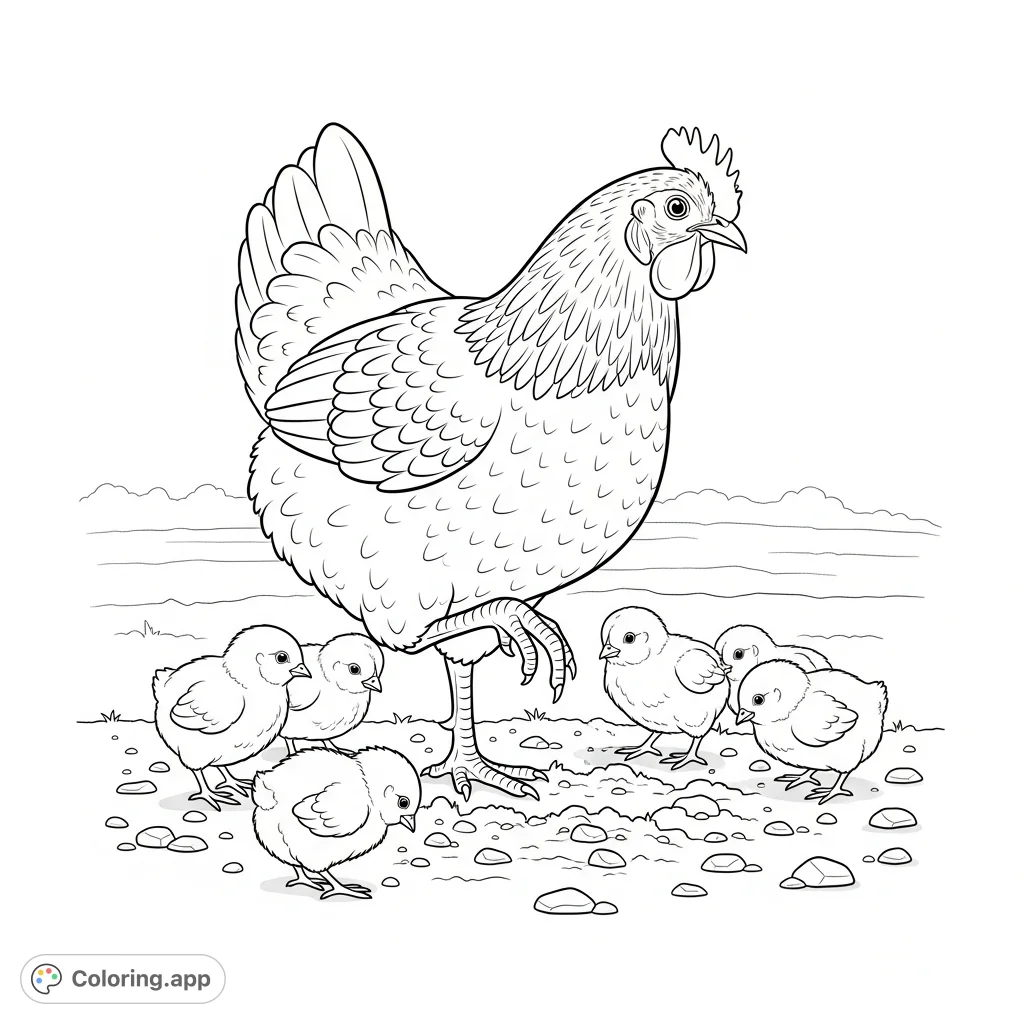 A charming farm animals coloring page depicting a mother hen scratching the ground surrounded by her curious chicks. A delightful scene for all ages.