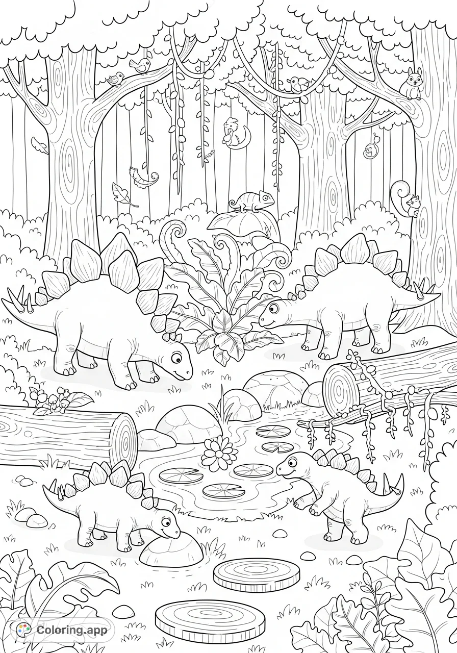Discover a lively Stegosaur family in their lush forest home. Adult dinos forage while playful baby Stegosaurs explore the prehistoric landscape.