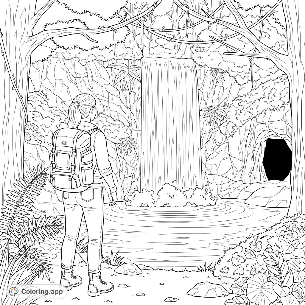 A brave woman adventurer discovers a majestic hidden waterfall in a lush forest, with a mysterious cave entrance nestled behind the cascading water.