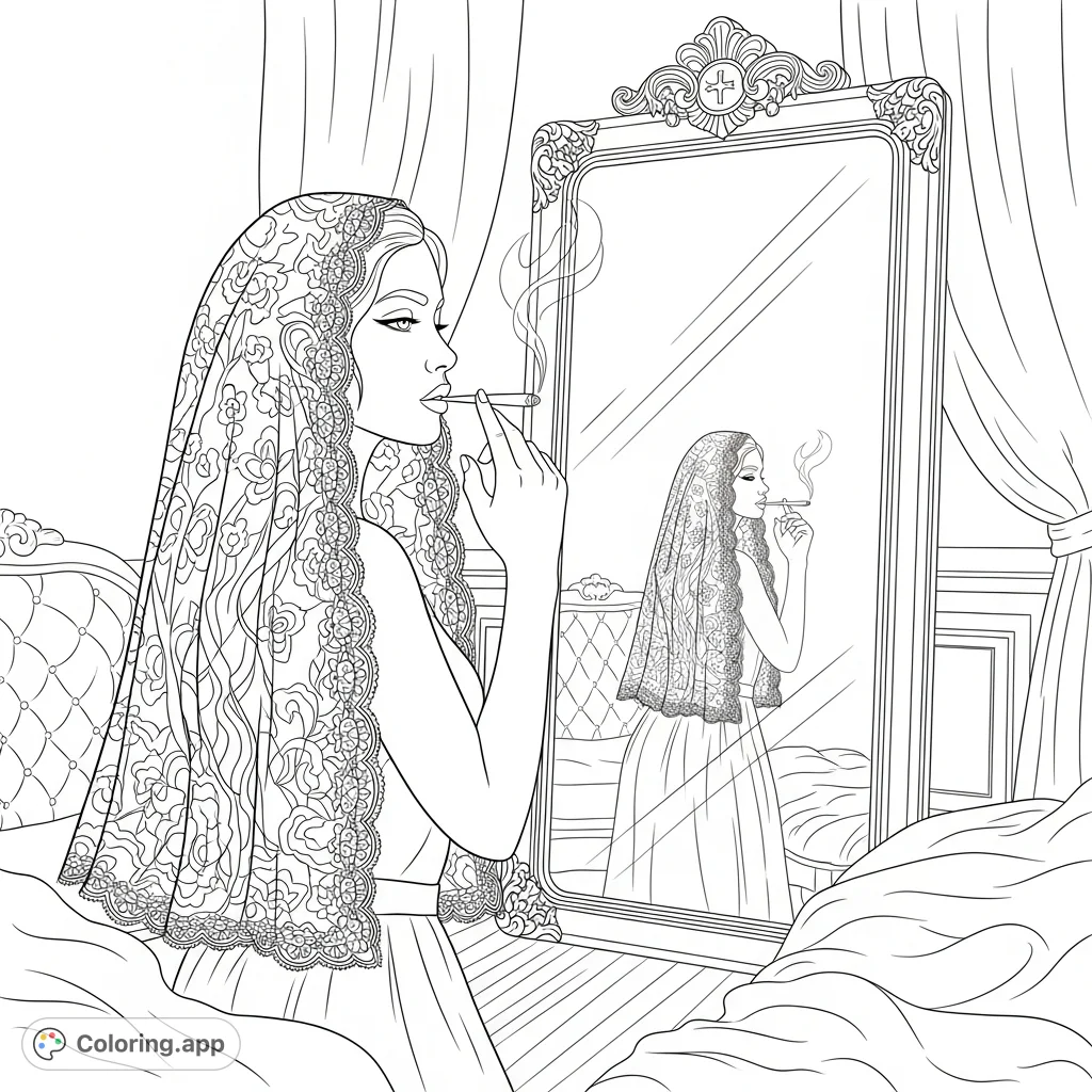 An intimate erotic boudoir scene featuring a woman, a detailed mirror, a joint, and an elegant lace veil, perfect for adult coloring pages.