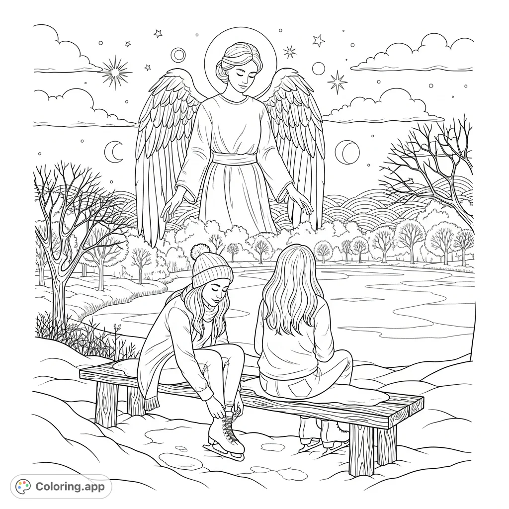 A peaceful winter park coloring page featuring an angel watching over women putting on ice skates near a frozen pond. Perfect for thoughtful coloring.