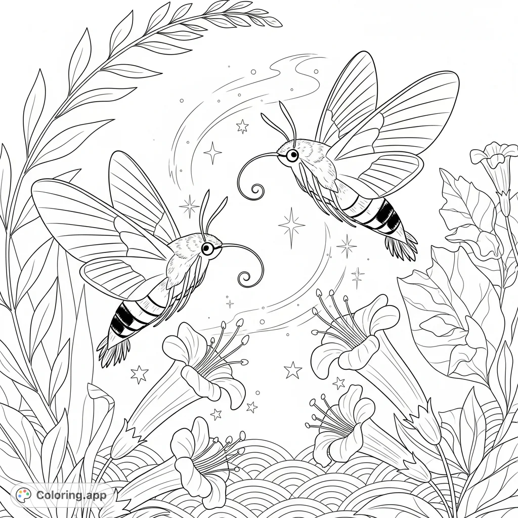 Discover a beautiful Hummingbird Hawk-Moth coloring page featuring two moths among delicate blossoms. A free printable nature scene awaits your artistic touch!