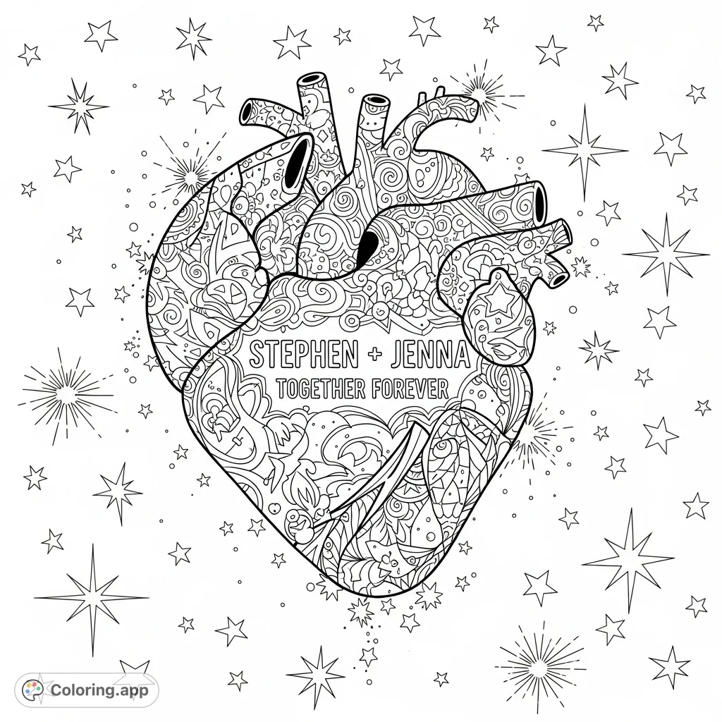 A prominent, intricately detailed cosmic heart with personalized text and dynamic graffiti elements, set against a scattering of radiant stars.