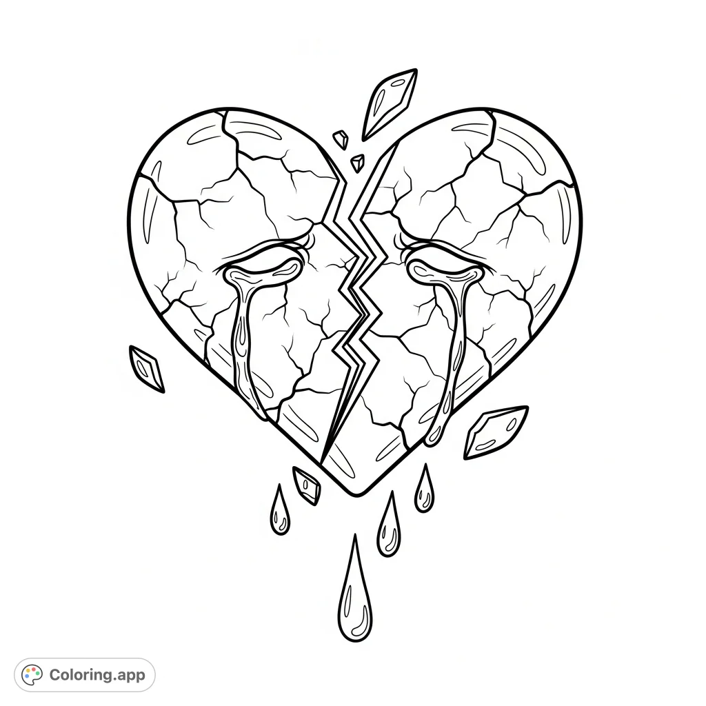 A profoundly evocative broken hearts coloring page featuring a shattered heart, visibly cracked and falling apart, with tear drops descending. Expresses sadness.