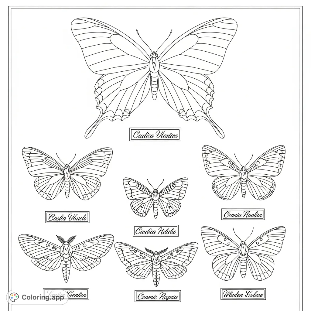 A detailed collection of meticulously pinned butterflies and moths, arranged on a study board with scientific labels, perfect for nature enthusiasts.