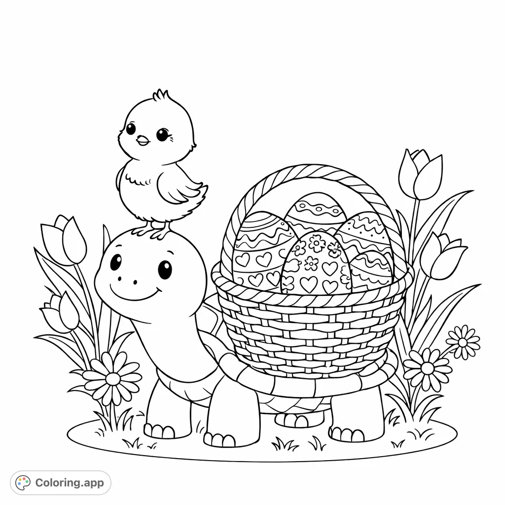 A charming turtle carries a basket of patterned eggs while a sweet chick rides on its head, surrounded by blooming flowers. A delightful scene for creative coloring.