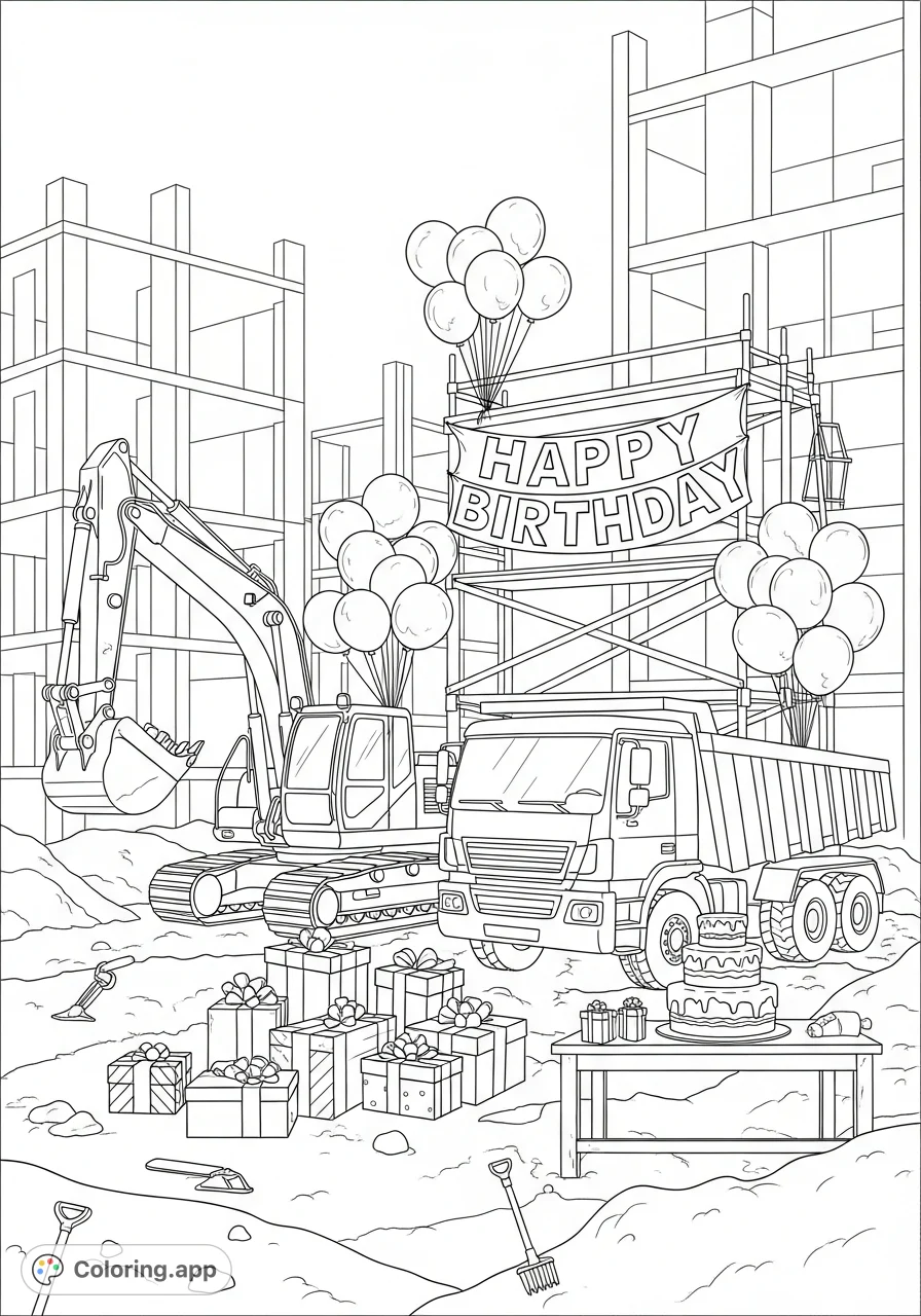 Celebrate with this exciting construction coloring page! Featuring vehicles, balloons, and a "Happy Birthday" banner amidst a lively building site.