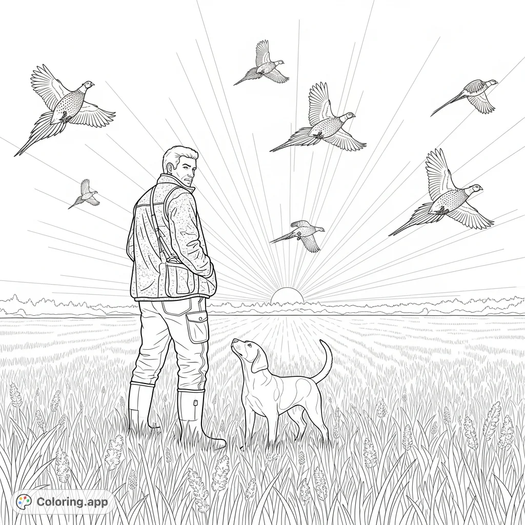 A man and his loyal puppy on a pheasant hunting expedition, captured against a dramatic low sun, celebrating the spirit of the outdoors and wildlife.