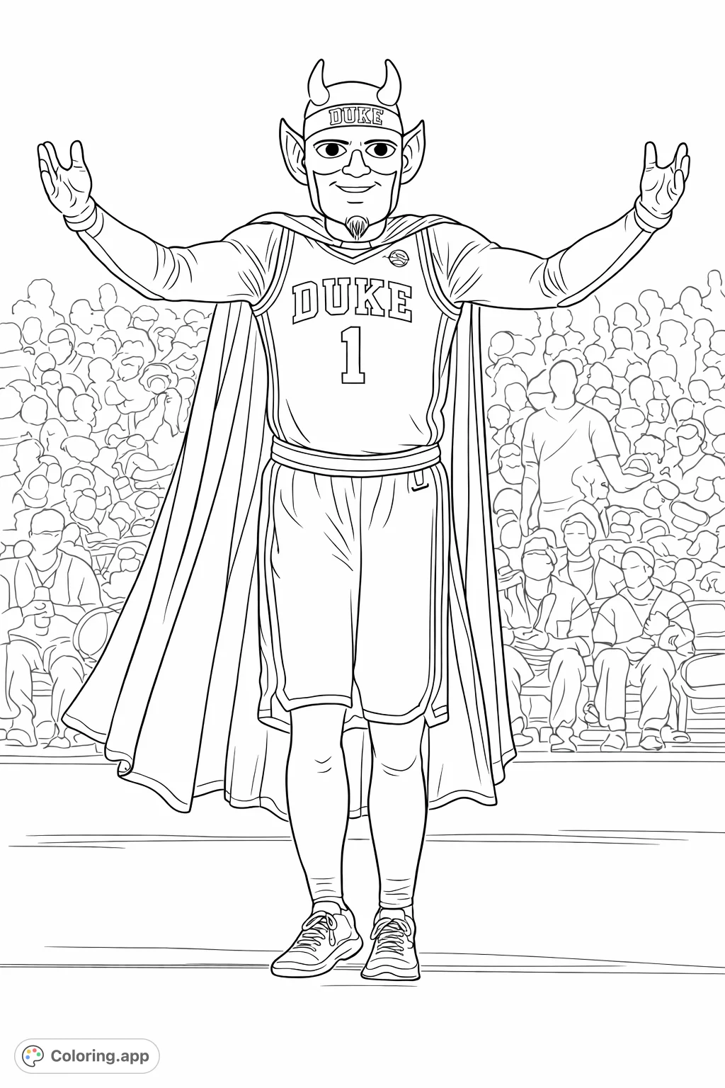 A dynamic Duke mascot figure in a basketball uniform with a flowing cape, standing on the court. Perfect for fans and sports enthusiasts to color!