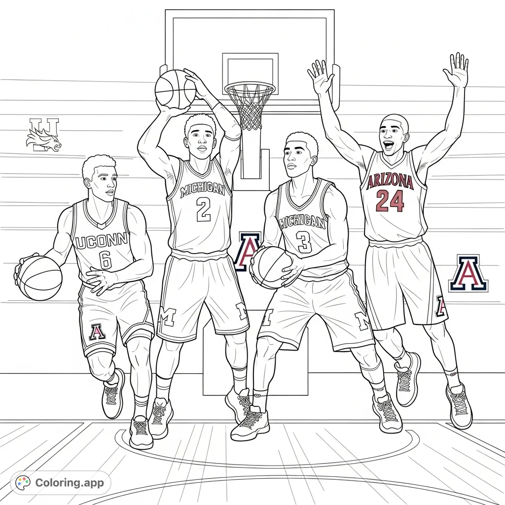 A thrilling Final Four college basketball coloring page featuring cartoon-realistic players from UConn, Michigan, Illinois, and Arizona in dynamic action on the court. Perfect for sports fans!