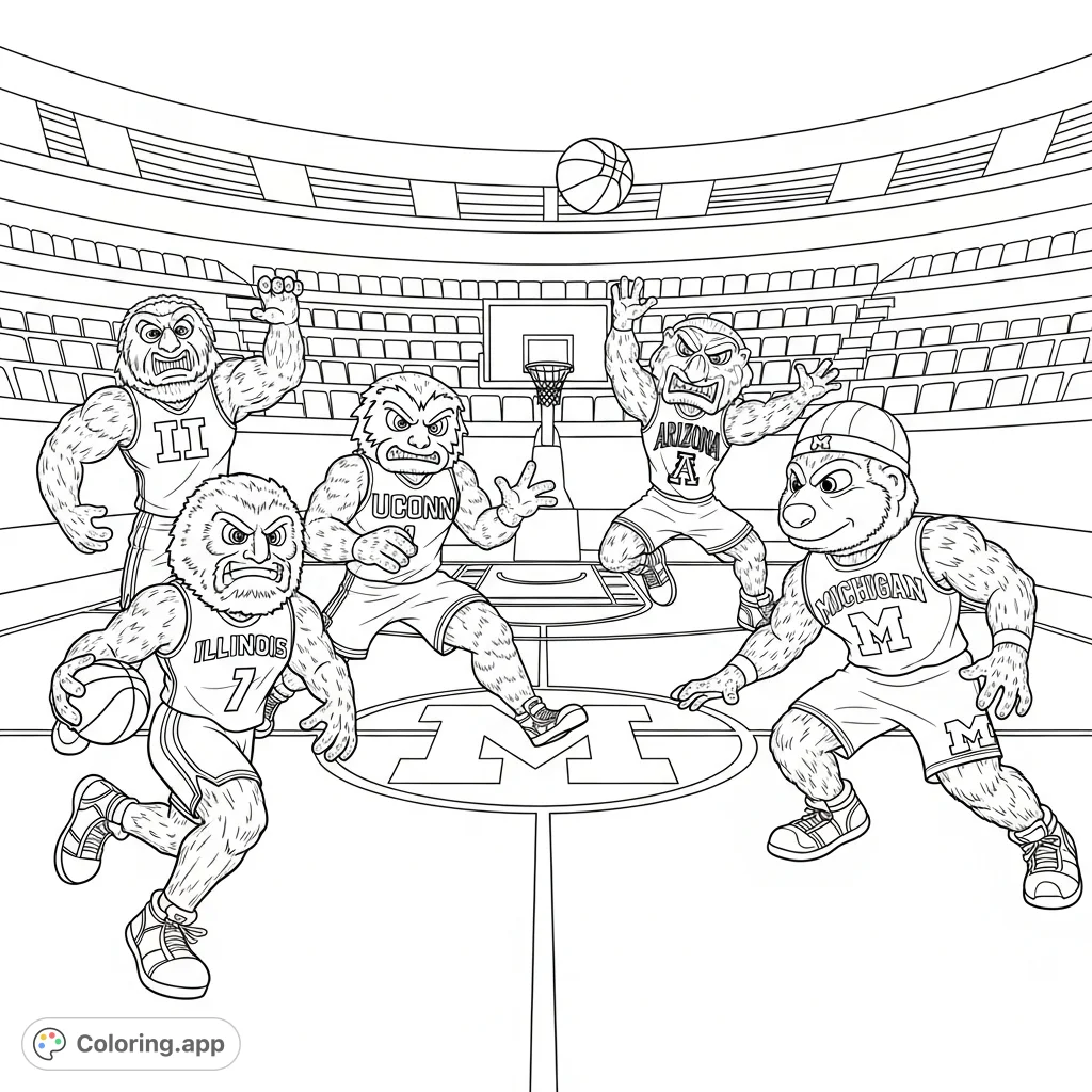 A fun cartoon-style Final Four Basketball coloring page featuring school mascots from Illinois, UConn, Arizona, and Michigan in a dynamic game scene.
