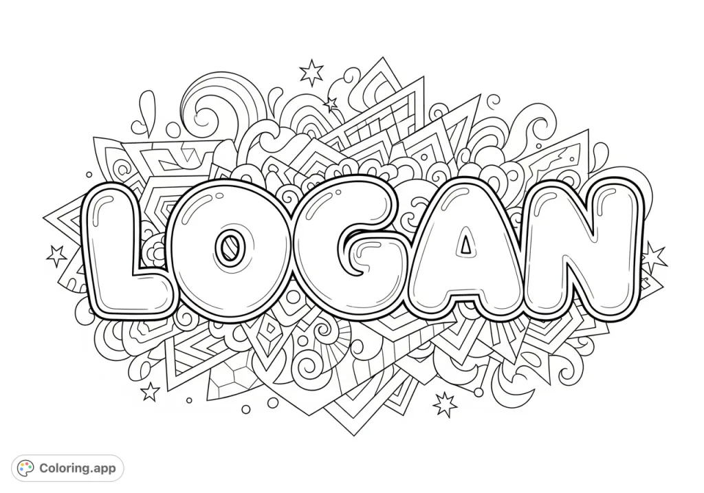 Stylized "logan" name in volumetric bubble letters surrounded by dynamic abstract art, including geometric patterns, swirls, and starbursts.