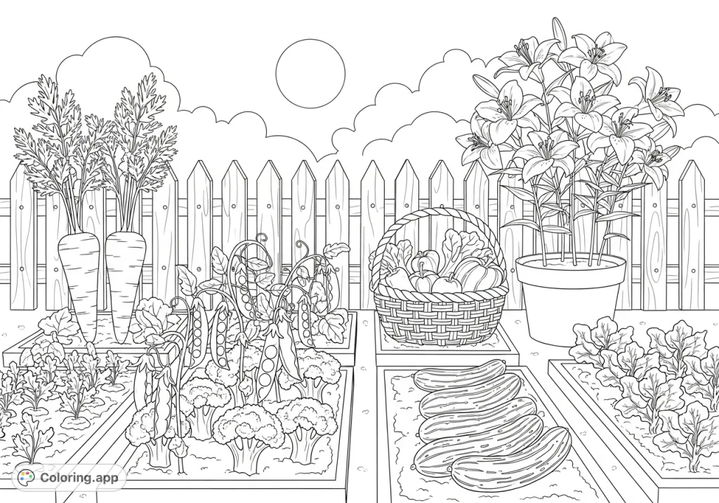 Explore a delightful garden with carrots, peas, broccoli, and lilies. A charming scene for a free printable garden coloring page.