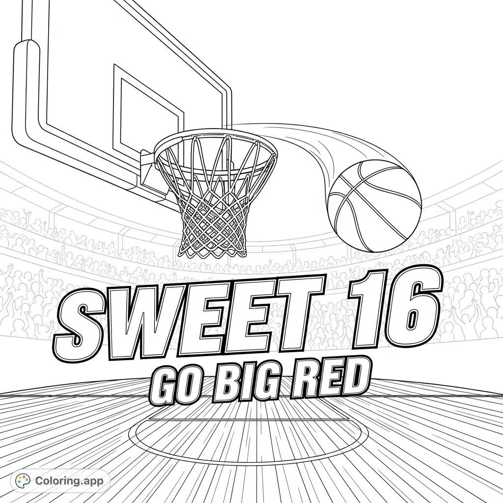 Celebrate Husker Basketball's Sweet Sixteen journey with this dynamic coloring page featuring hoops, basketball, and "Go Big Red" spirit for all fans!