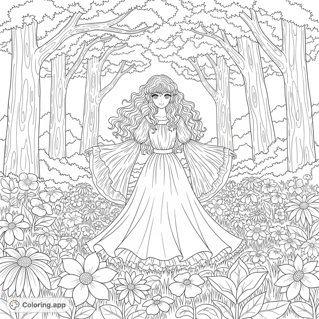 An enchanting anime girl with curly hair and a flowing dress stands amidst a magical meadow, filled with intricate flowers and tall, elegant trees.