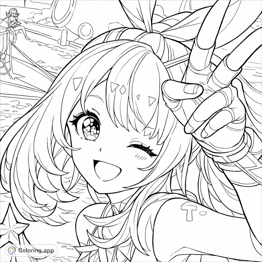 A cheerful anime character winks and smiles, flashing a peace sign. Her detailed attire and a dynamic background invite imaginative coloring.