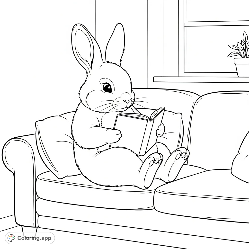 A delightful bunny enjoys a quiet moment, deeply engrossed in a book on a comfy couch in a cozy indoor setting. Perfect for a relaxing coloring session.