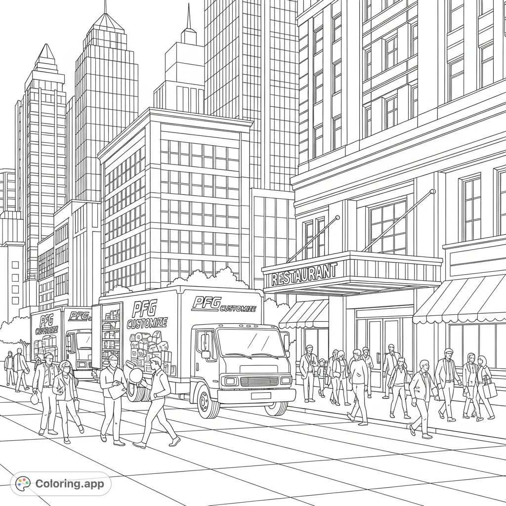 A dynamic urban scene featuring three PFG Customize delivery trucks outside a bustling restaurant, surrounded by pedestrians and detailed city architecture.