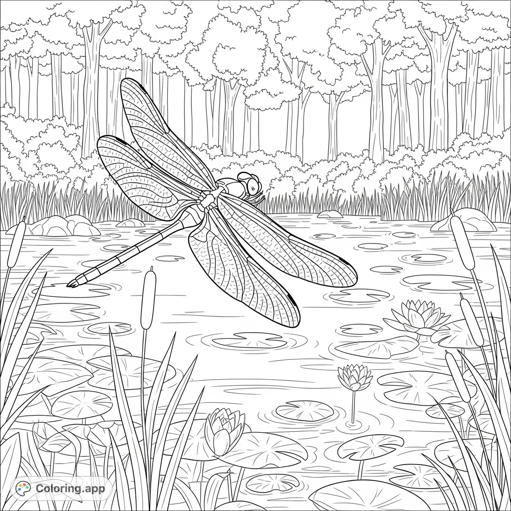 A serene forest pond featuring a graceful dragonfly in flight over water plants. Perfect for a calming nature-themed coloring experience.