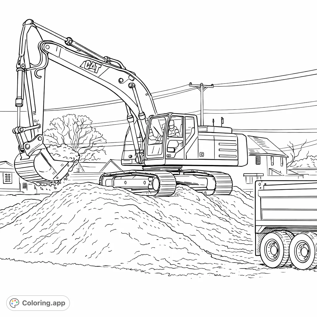 A detailed construction excavator on a large dirt mound, ready to work. Perfect for construction vehicle enthusiasts and kids who love big machines.