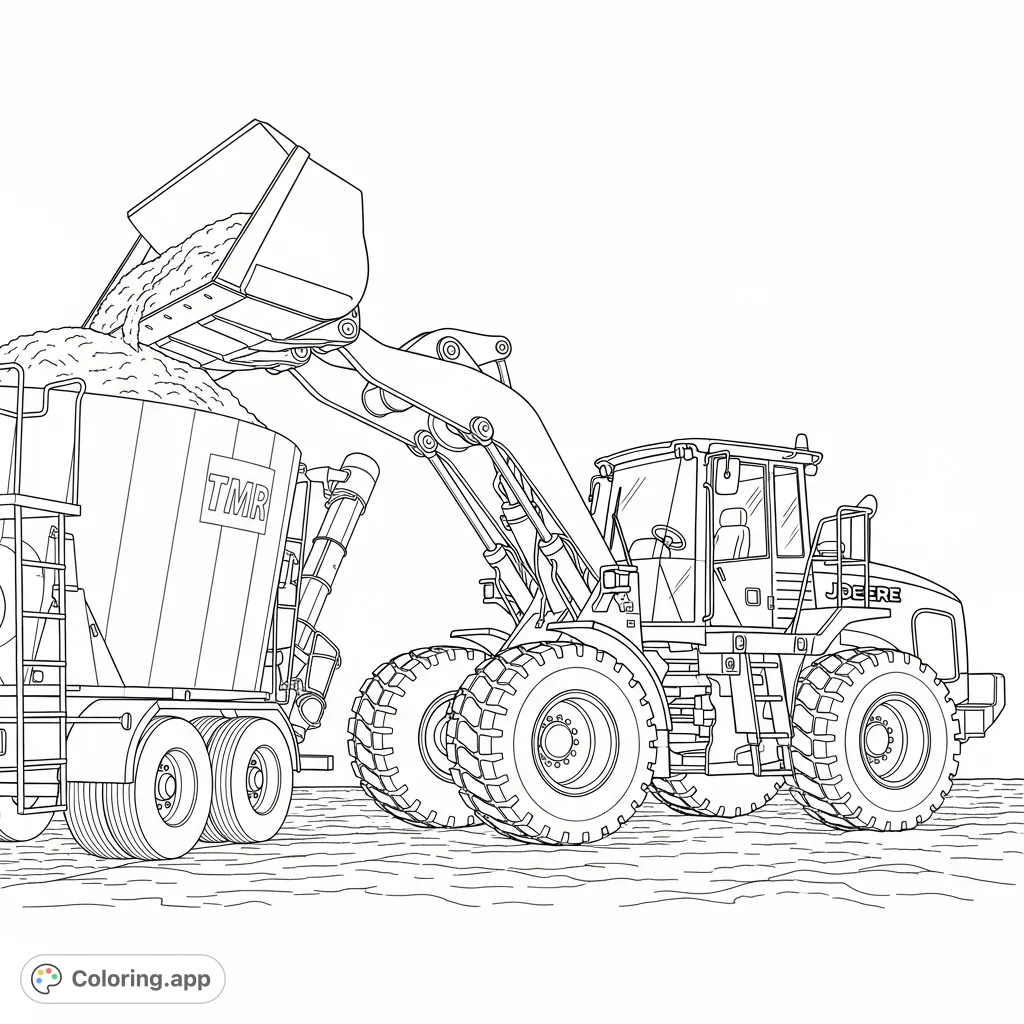 Discover a dynamic farm scene featuring a John Deere wheel loader diligently filling a TMR feed truck. Perfect for machinery enthusiasts and aspiring farmers.