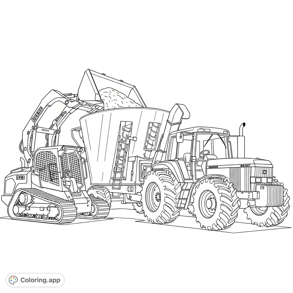 Experience a detailed farm scene with a John Deere 323 skid loader loading a TMR mixer wagon pulled by a John Deere 4640 tractor. Perfect for farm enthusiasts!