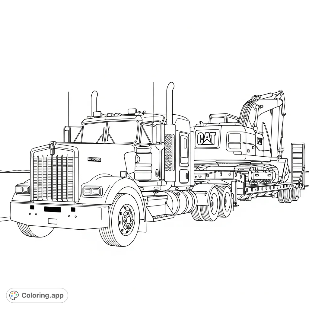 A detailed Kenworth W900 semi-truck with a lowboy trailer carrying a Cat excavator, perfect for truck and construction machinery enthusiasts.