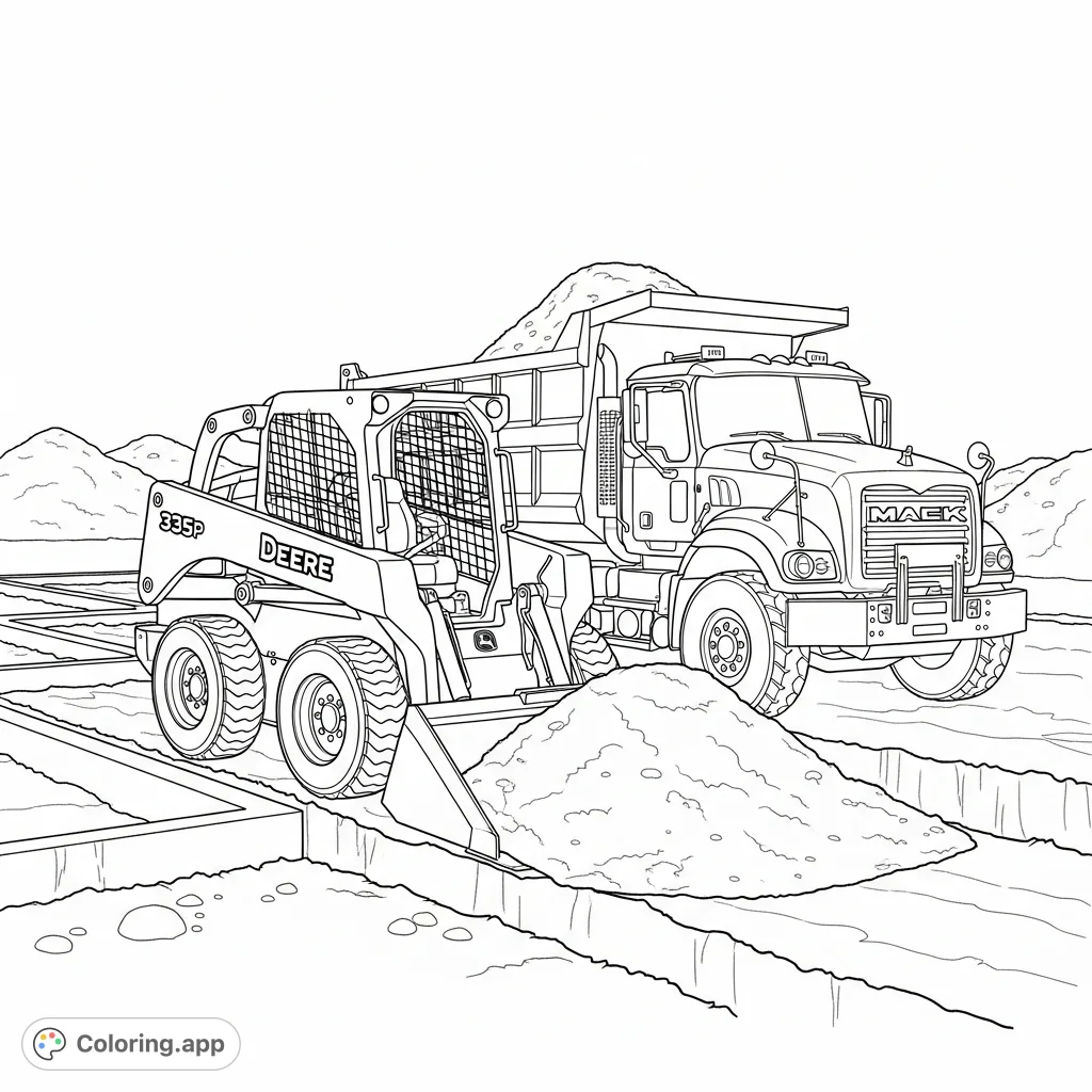 A detailed John Deere 335p skidsteer grades dirt, loading it into a Mack dump truck at a house foundation site. Perfect for heavy equipment enthusiasts.