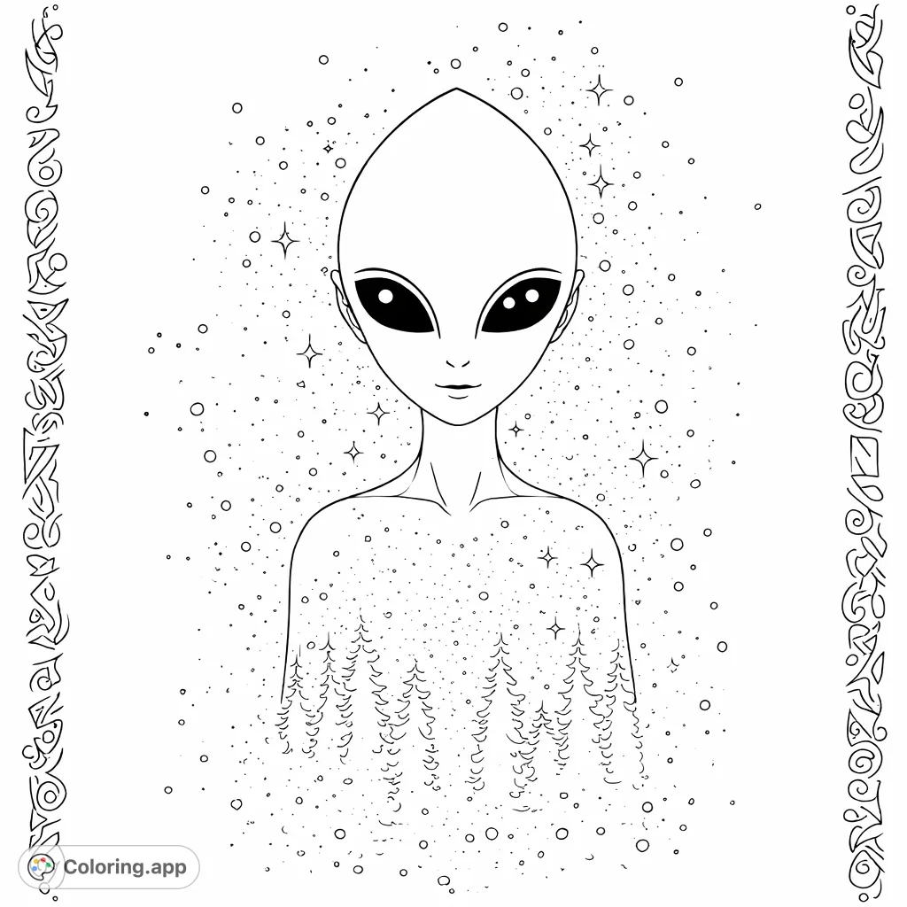 An ethereal alien figure with captivating eyes emerges from a cosmic mist, adorned with intricate patterns and framed by ancient glyphs, inviting serene coloring.