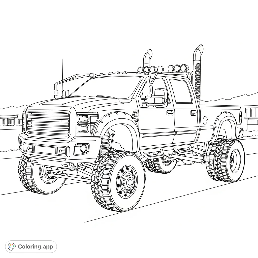 Color a powerful, heavy-duty pickup truck with an elevated chassis, aggressive tires, and tall exhaust stacks. A challenging vehicle coloring page for enthusiasts.