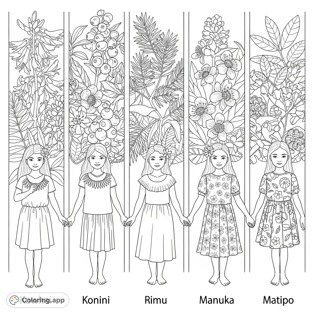 Explore New Zealand's native plants with six charming girls. A detailed botanical coloring page featuring kowhai, rimu, rata, and more.